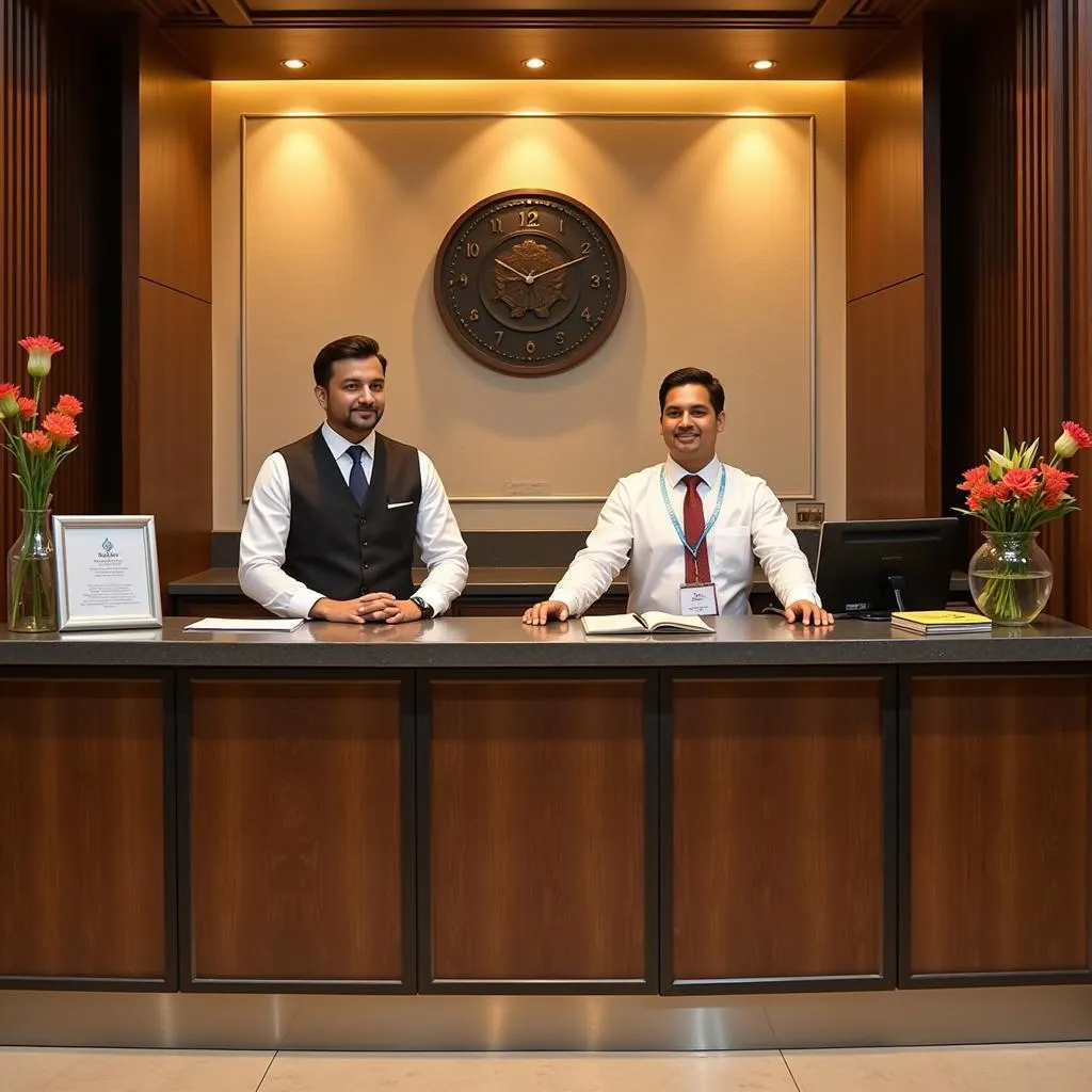 Hotel reception desk with staff available 24/7