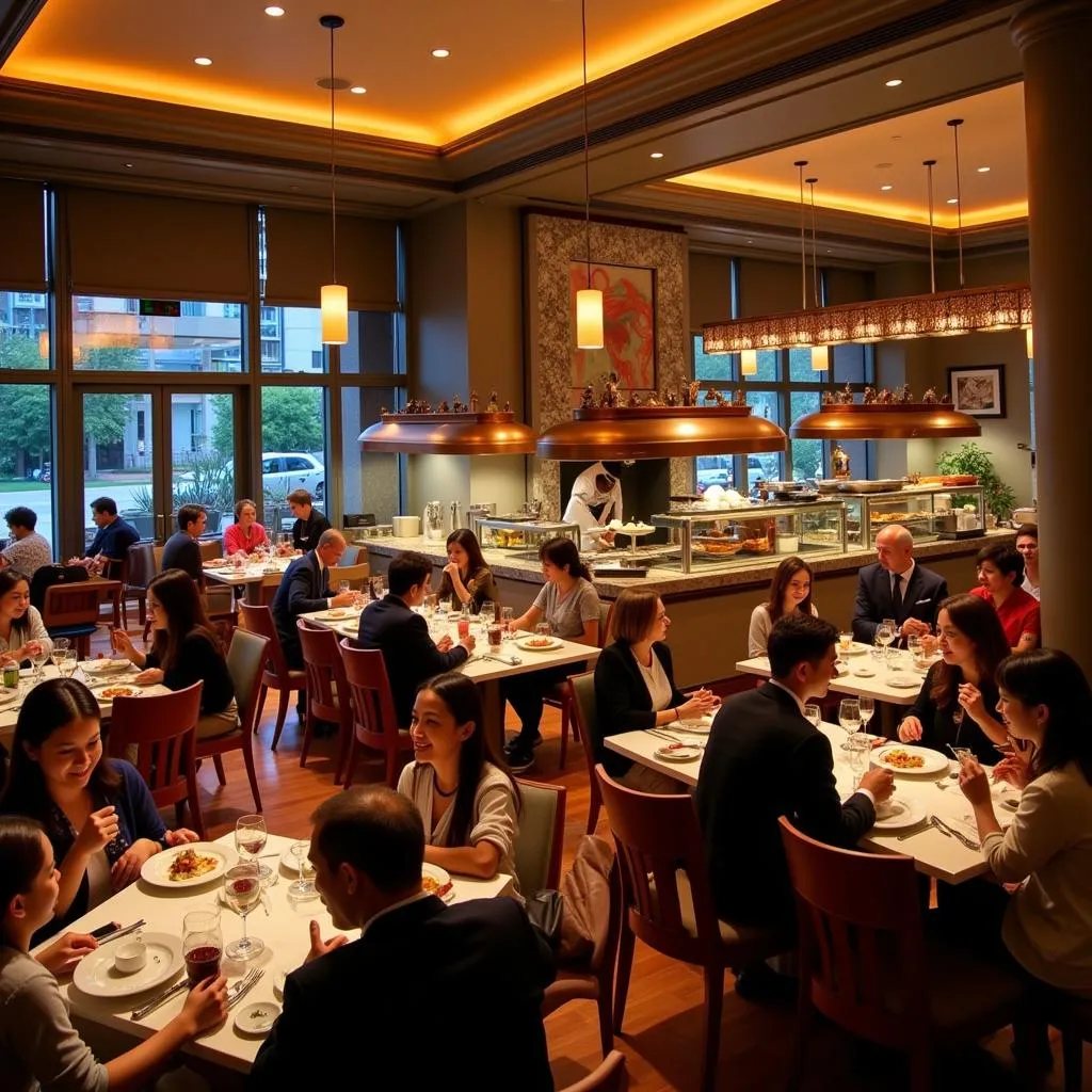 Hotel Restaurant Interior with Guests Dining