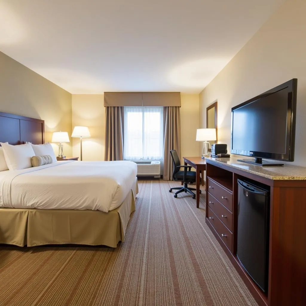 Modern hotel room with comfortable bed and work desk