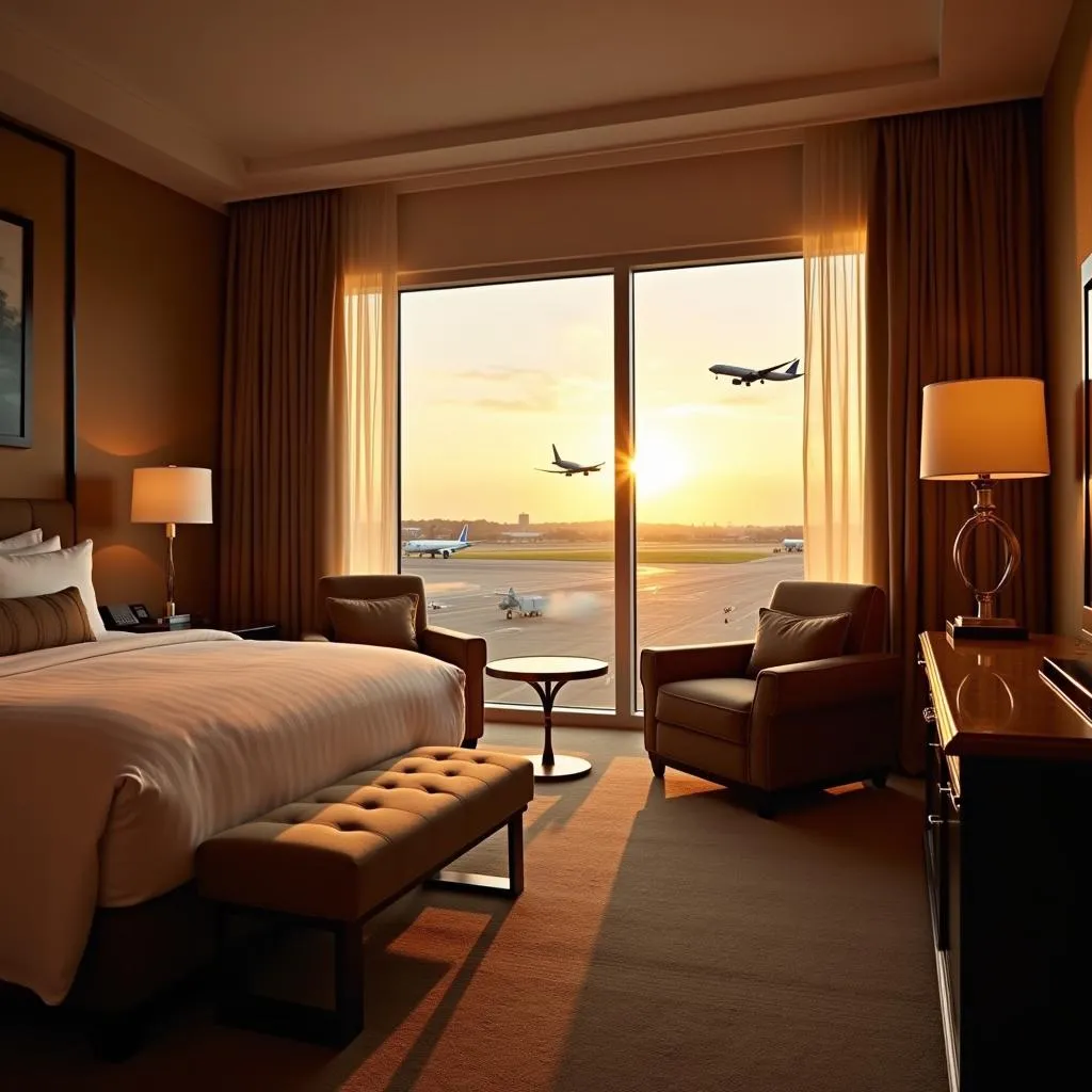 A luxurious hotel room in Sanganer, Jaipur, with a panoramic window showcasing a stunning view of the airport runway during sunset.