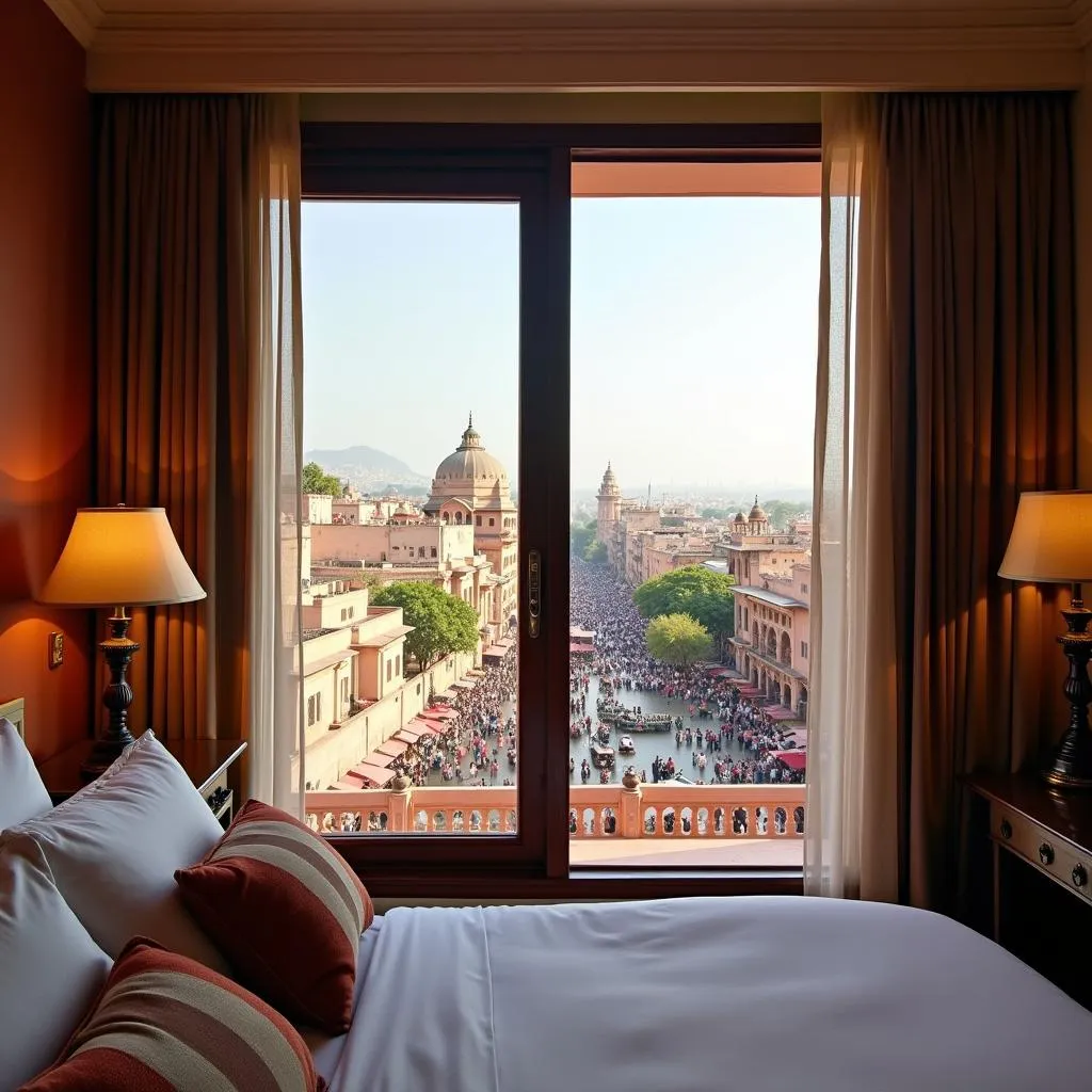 Spacious hotel room overlooking the vibrant cityscape of Jaipur