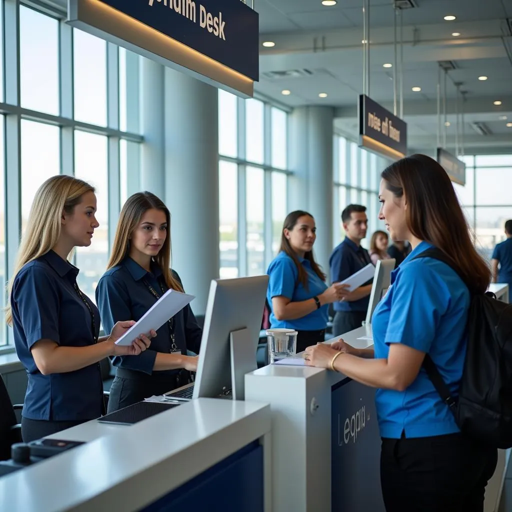 Friendly Staff Assisting Travelers at IKA Airport Information Desk