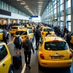 Taxi rank at Istanbul Airport with taxis lined up and passengers waiting