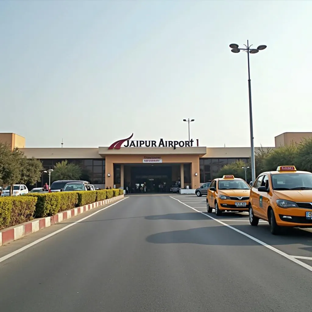 Jaipur Airport exterior with taxis waiting