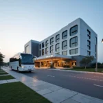 Modern hotel exterior with airport shuttle in Jaipur