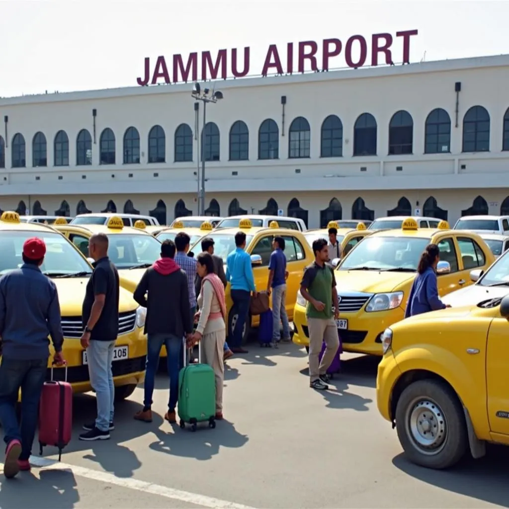 Passengers waiting for taxis at the Jammu Airport arrival terminal