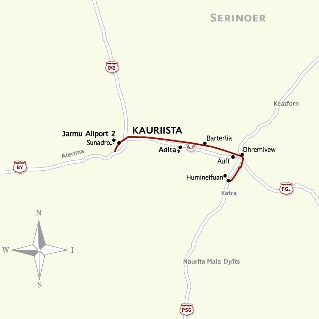 Map illustrating the route from Jammu Airport to Katra