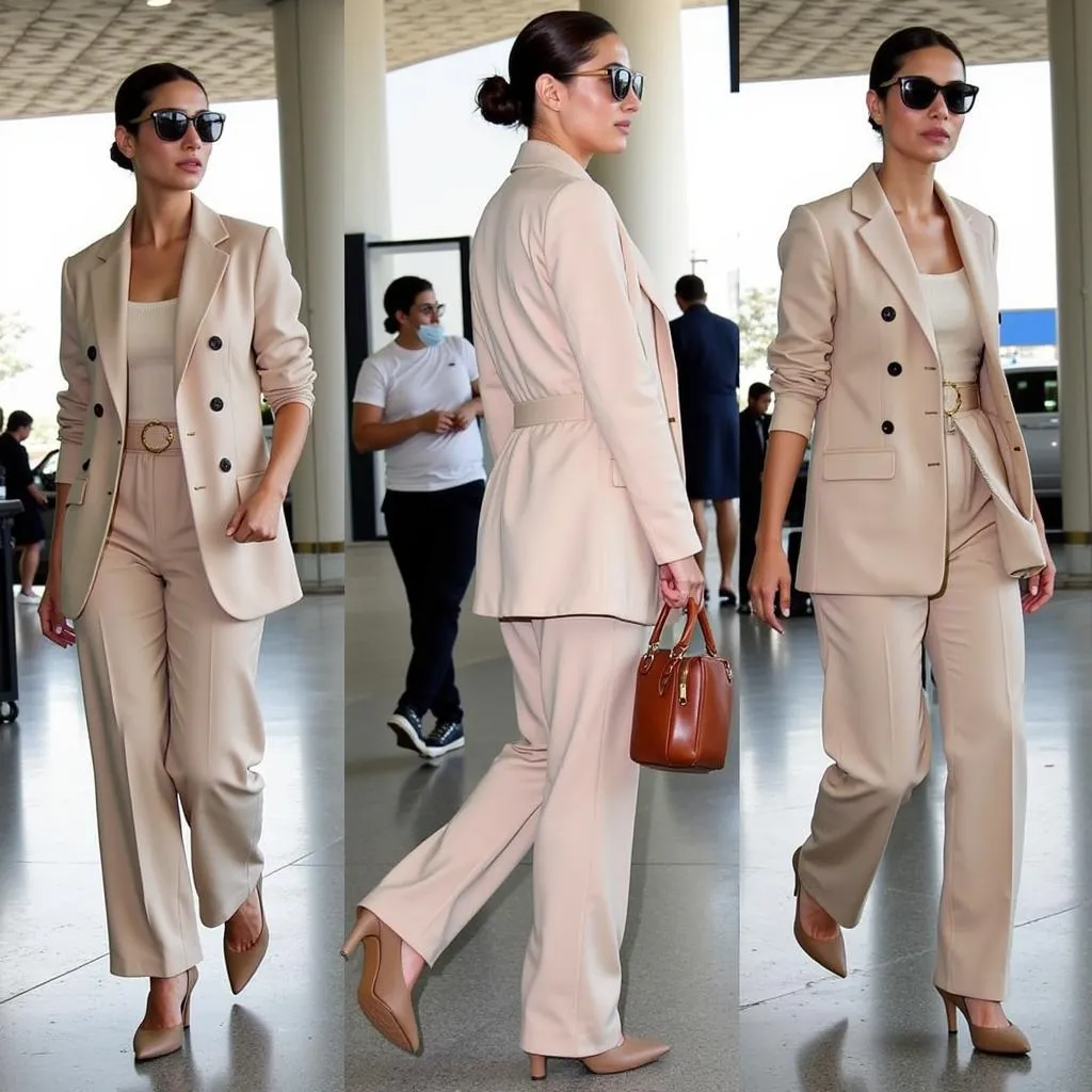 Kareena Kapoor in a beige pantsuit at the airport