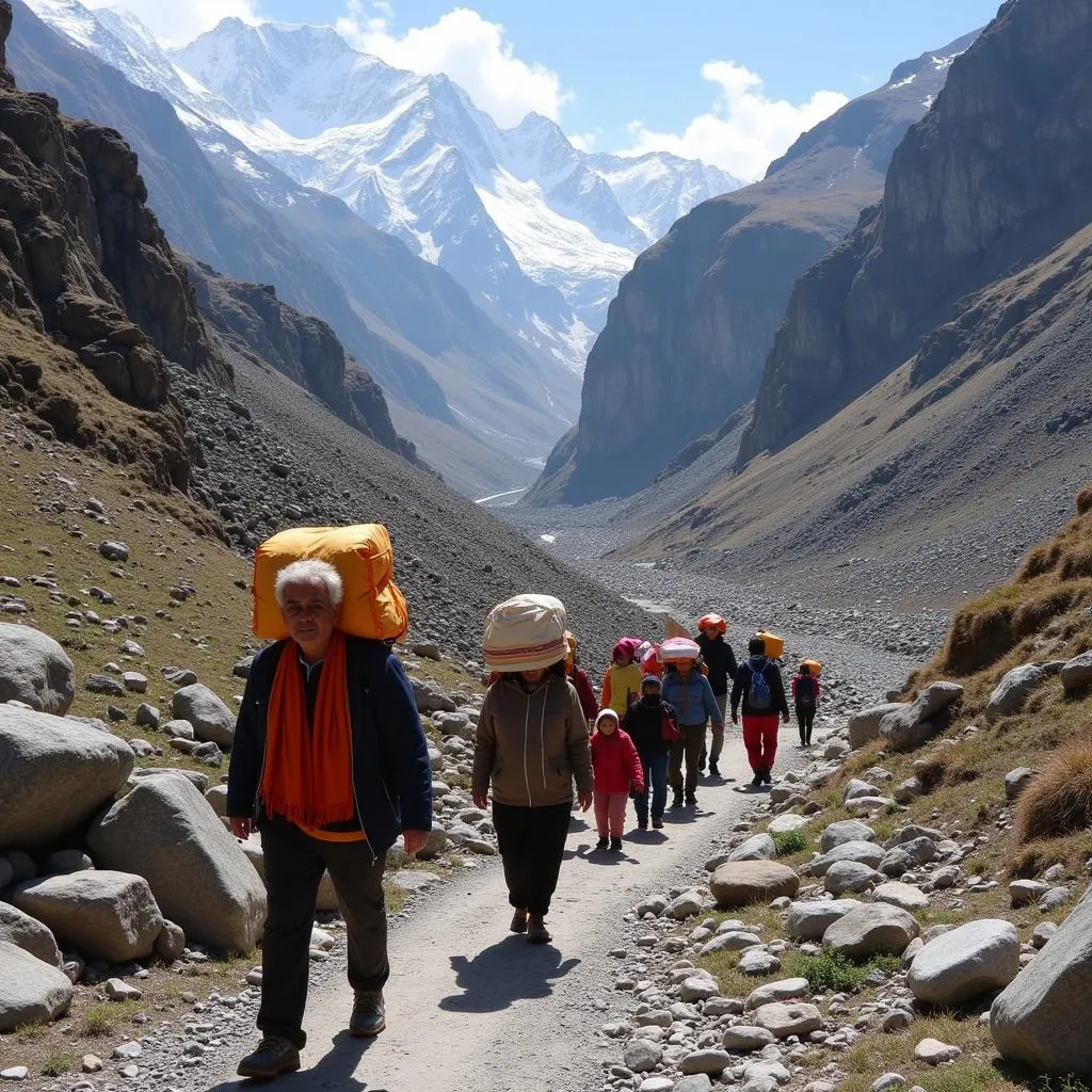 Pilgrims on the Kedarnath trek with porters