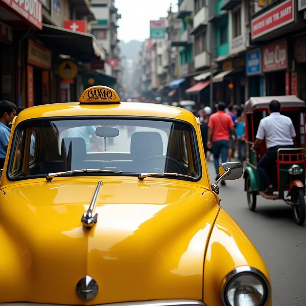 A vibrant yellow taxi navigating a crowded street in Kolkata, showcasing the city's dynamic energy.