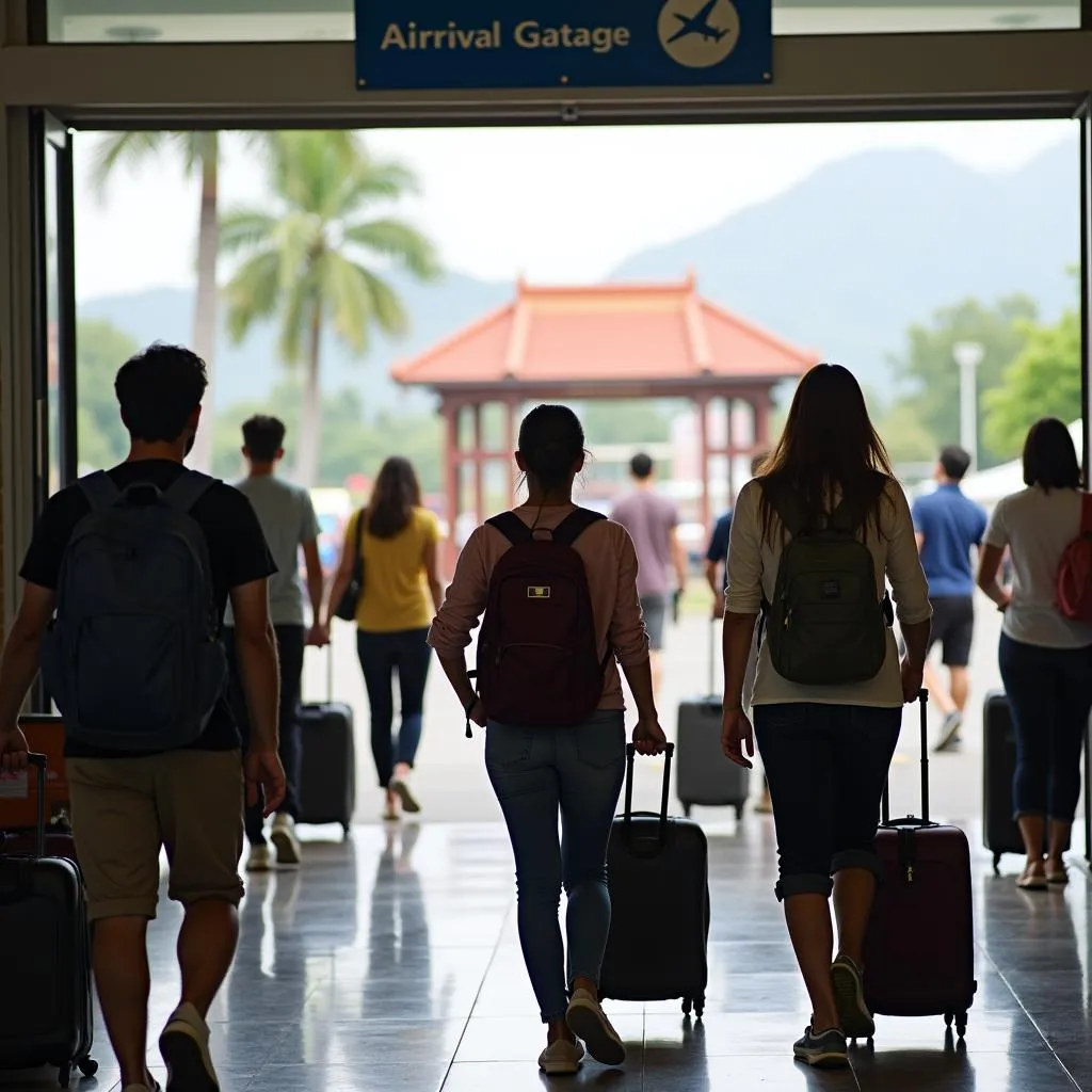 Tourists arriving at a Laos airport