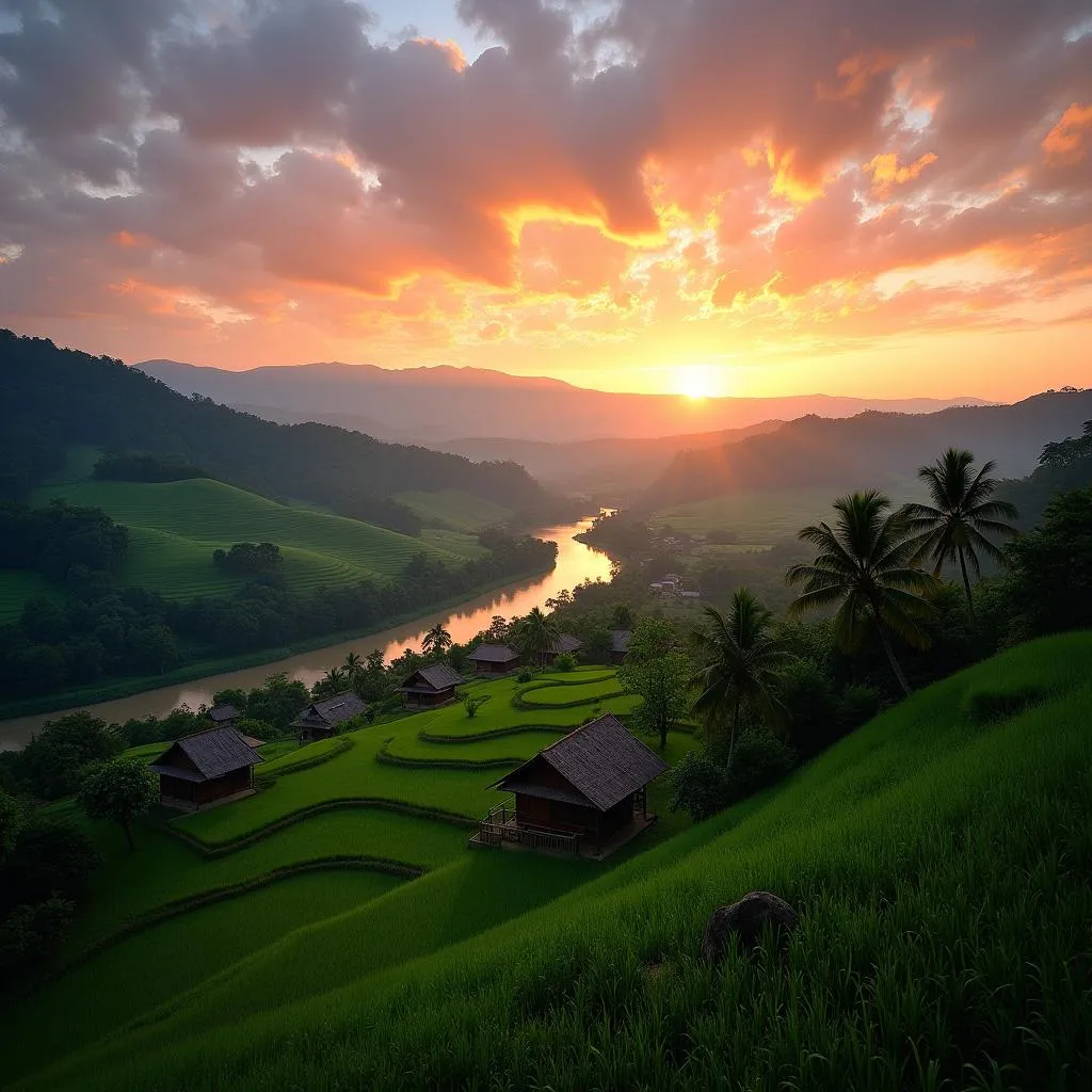 Scenic view of Laos countryside at sunset