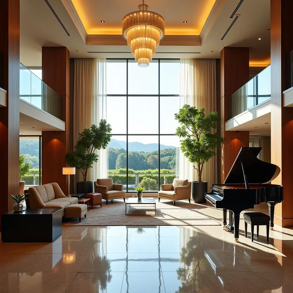 Luxurious hotel lobby with grand piano and modern design 