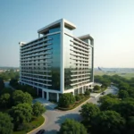 Luxurious hotel exterior with airport in the distance