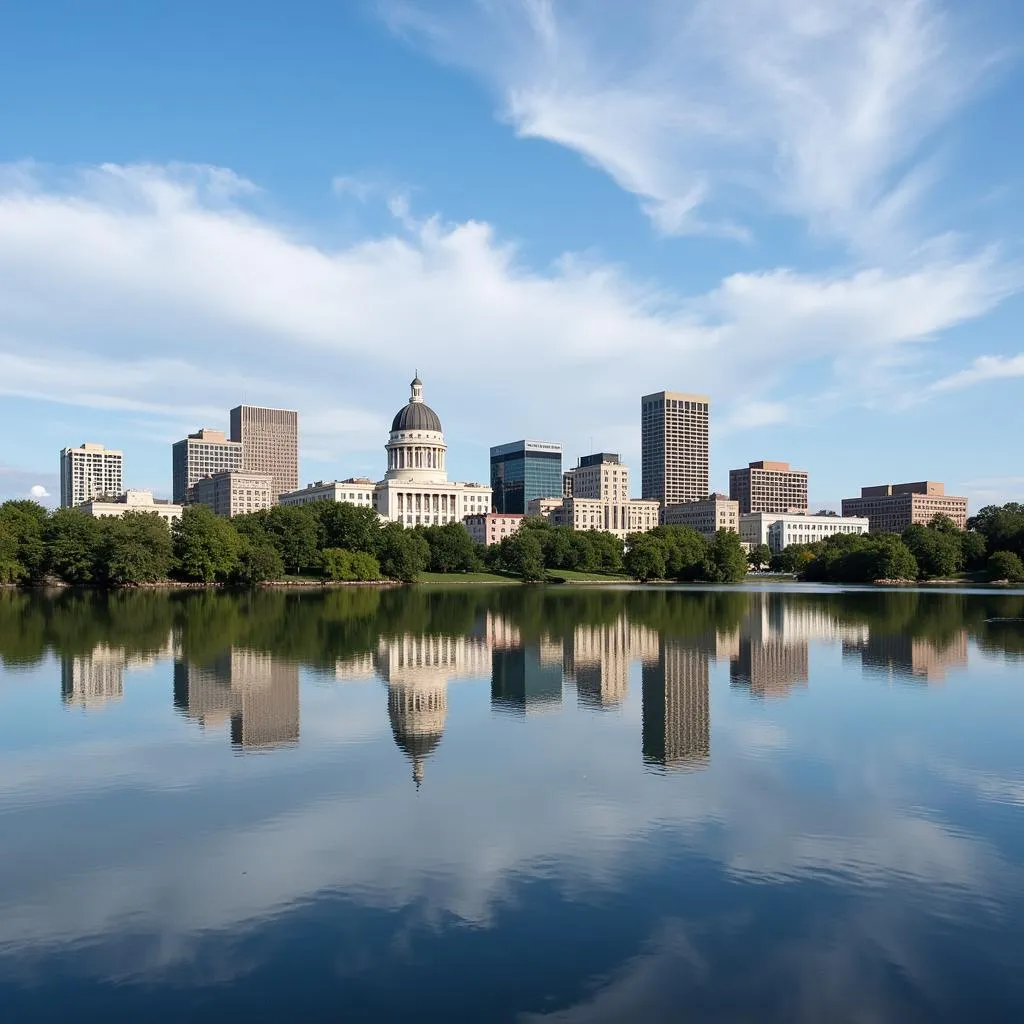 Scenic view of Madison, Wisconsin skyline with the State Capitol and Lake Monona 