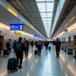 Madrid Airport Arrival Hall: Passengers arriving at Madrid Barajas Airport, retrieving luggage and navigating the arrival hall.