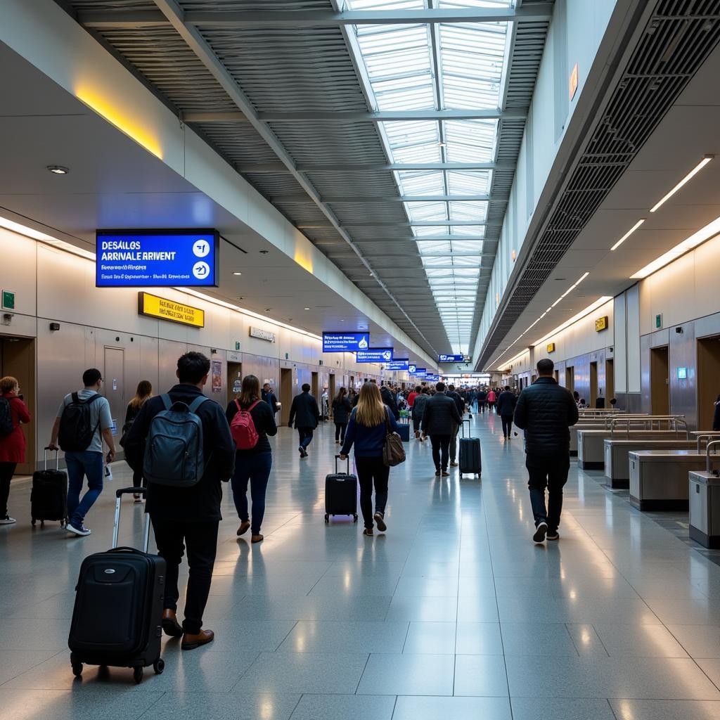 Madrid Airport Arrival Hall: Passengers arriving at Madrid Barajas Airport, retrieving luggage and navigating the arrival hall.