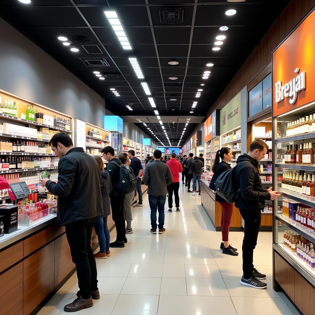 Madrid Airport Duty-Free Shopping: Passengers browsing and shopping in the duty-free area of Madrid Barajas Airport.