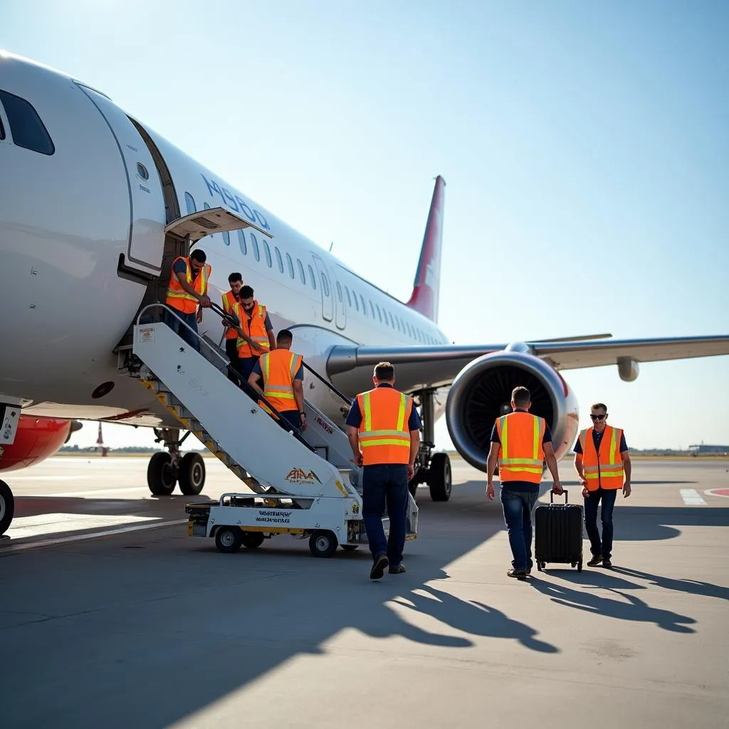 Malta Airport ground crew preparing an airplane for departure.