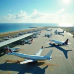 Panoramic view of Malta International Airport with airplanes on the tarmac and the Mediterranean Sea in the background.