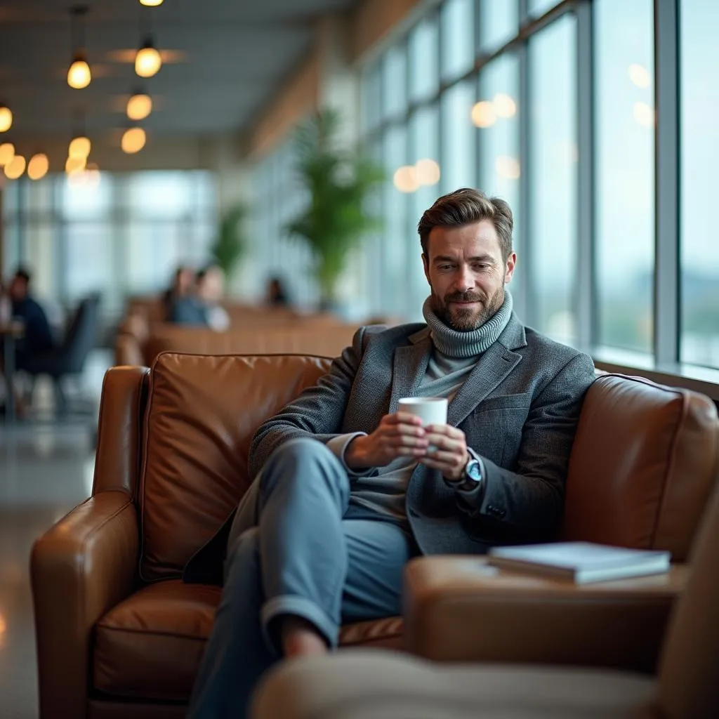 Man Relaxing in Airport Lounge