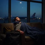 Man sleeping peacefully in an airport lounge