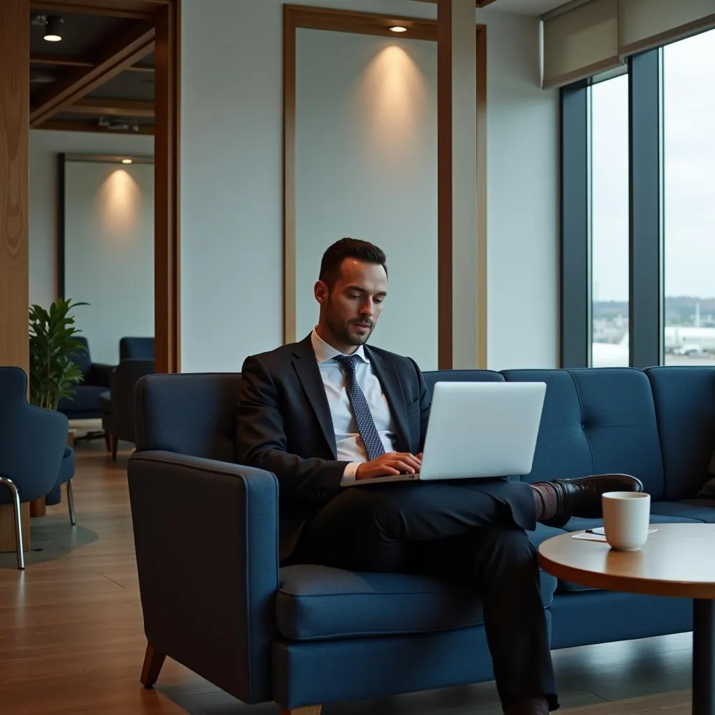 Businessman working on his laptop in a comfortable airport lounge