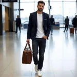 Men's airport look featuring a navy blazer, dark wash jeans, and white sneakers