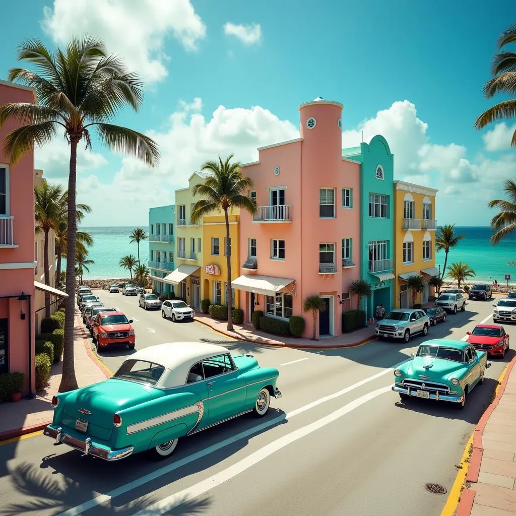 Colorful Art Deco buildings lining Ocean Drive in South Beach, Miami