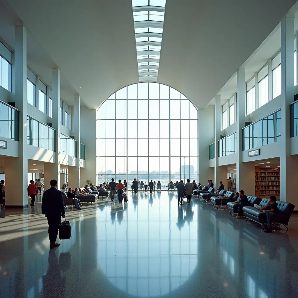 Spacious and modern airport interior with passengers