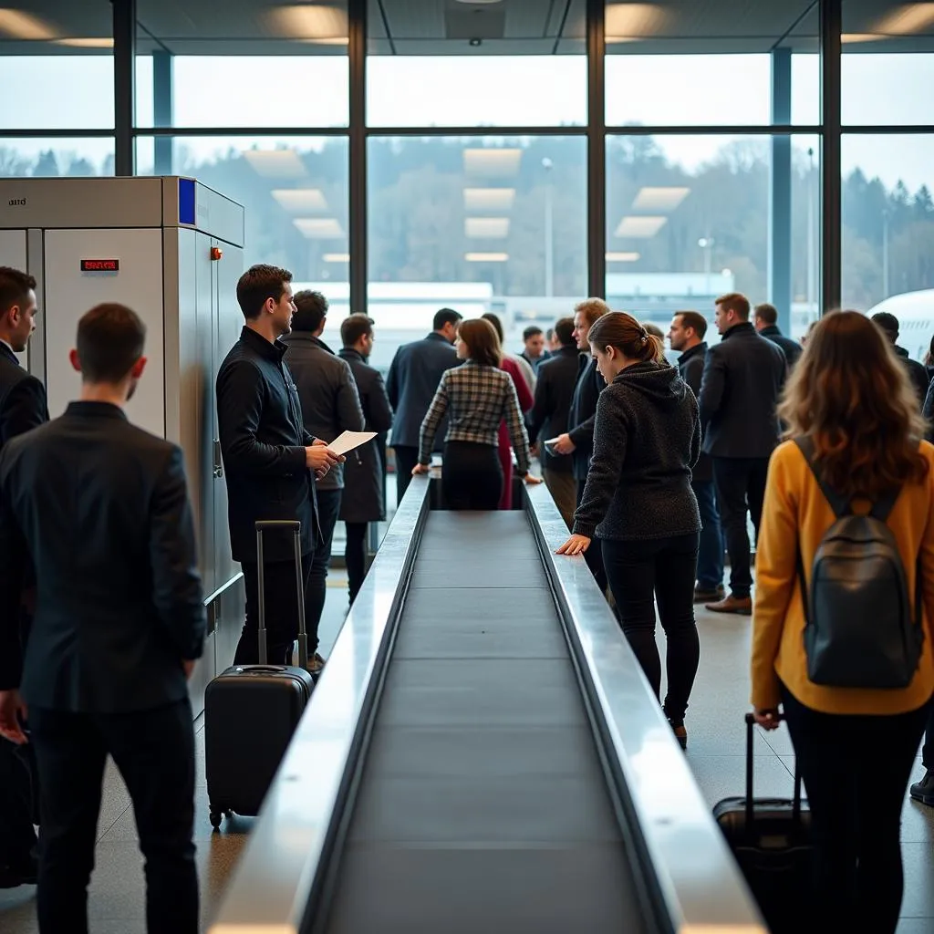 Passengers going through security check at Munich Airport