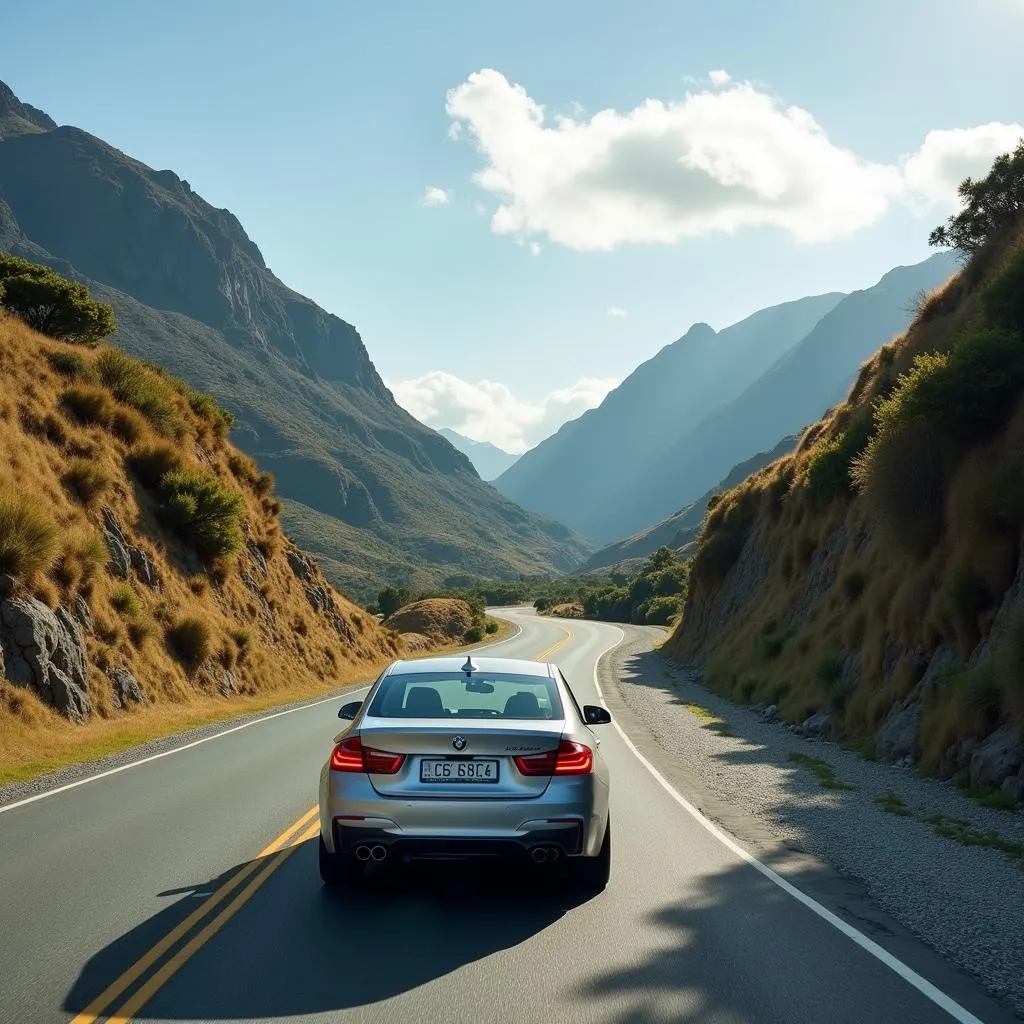 A car driving along a scenic road in New Zealand