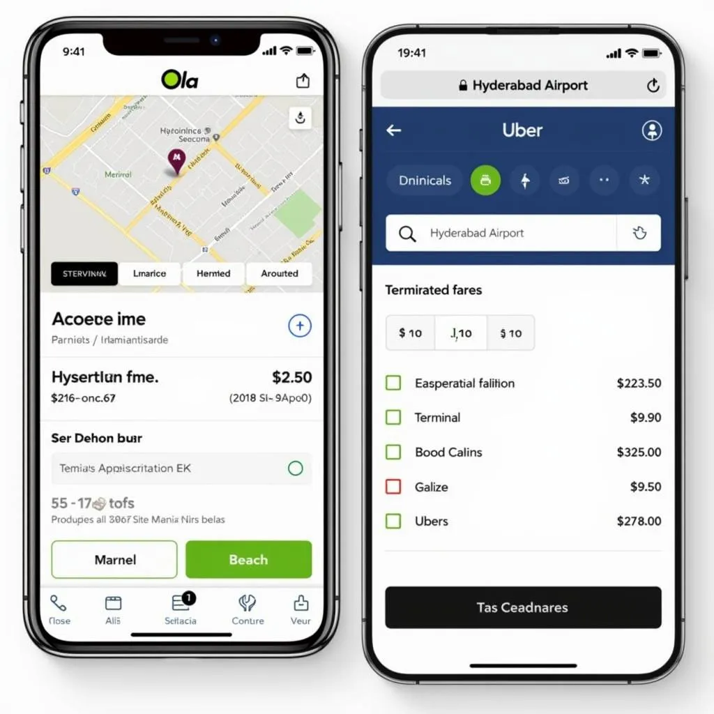 Screenshot of Ola and Uber apps showing booking interface for rides from Hyderabad Airport