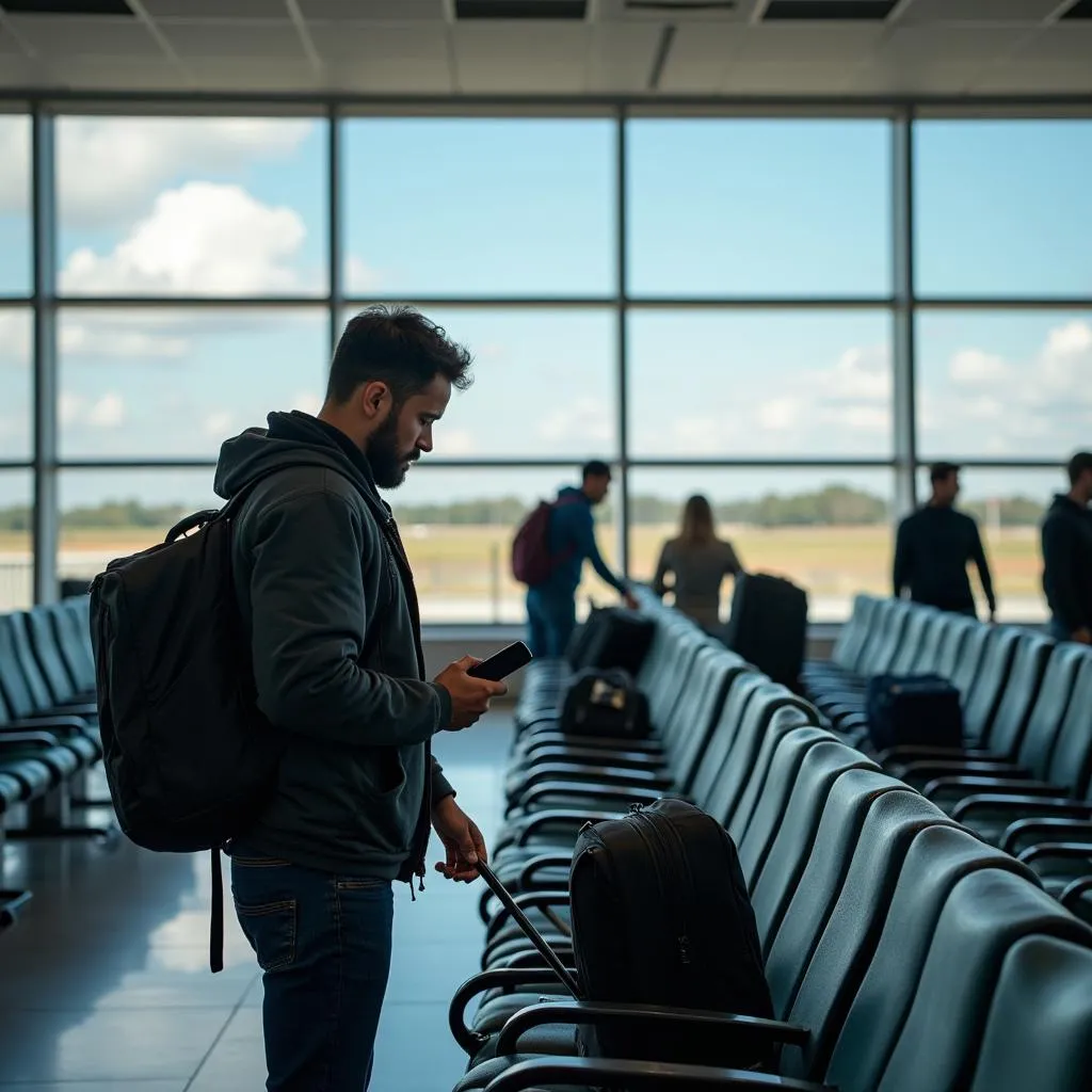 Passenger Checking Belongings at Airport