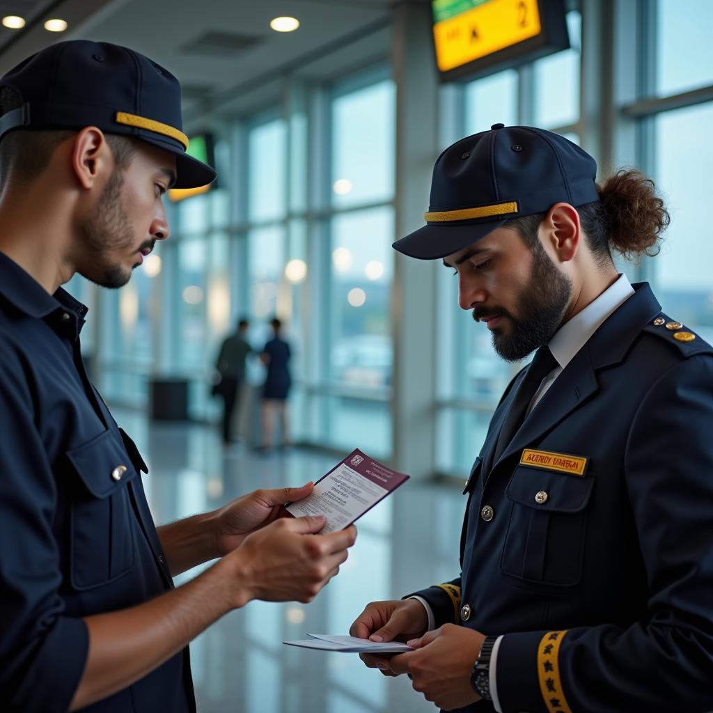 Security personnel verifying passenger documents at Bangalore Airport