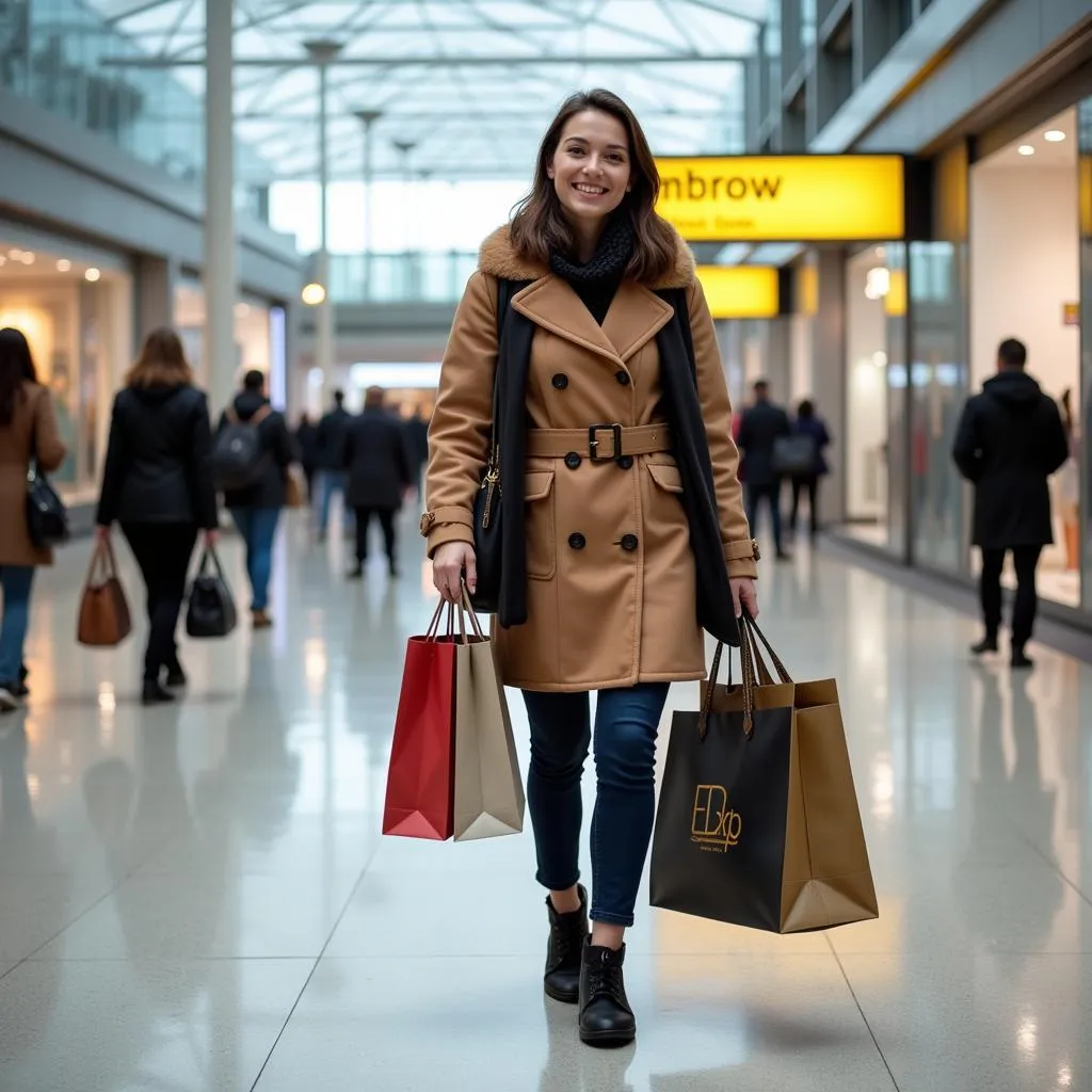 Passenger with Shopping Bags at Heathrow Airport