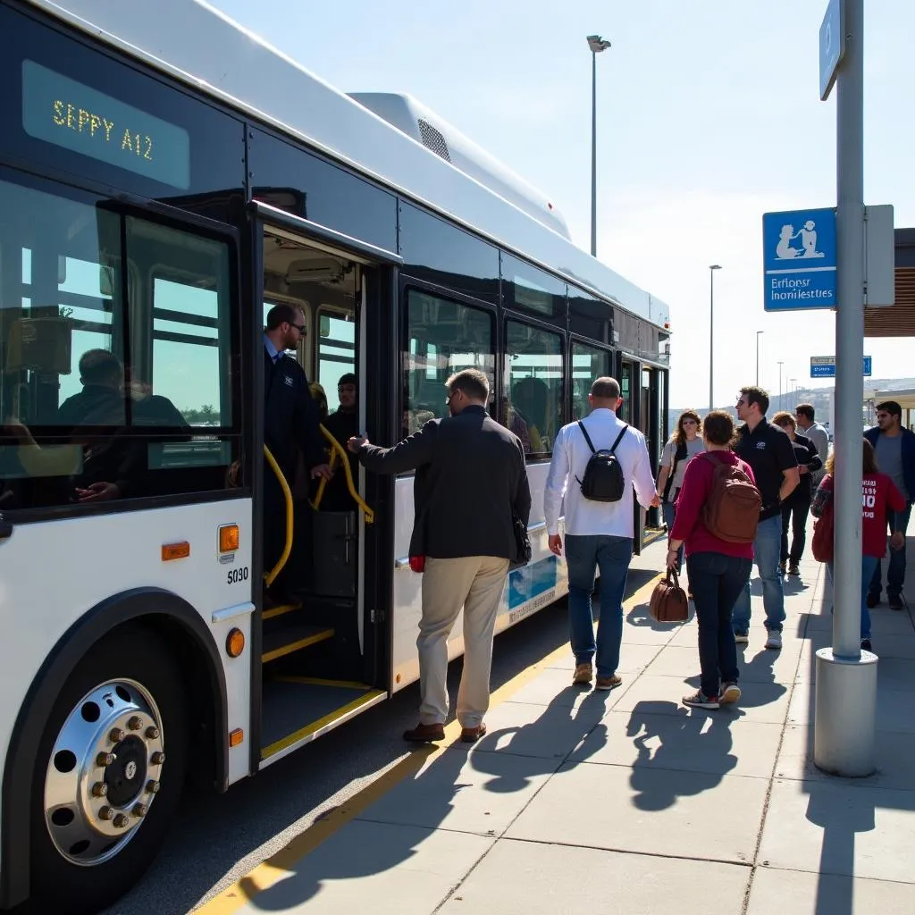 Passengers boarding an A12 airport bus at a designated stop.