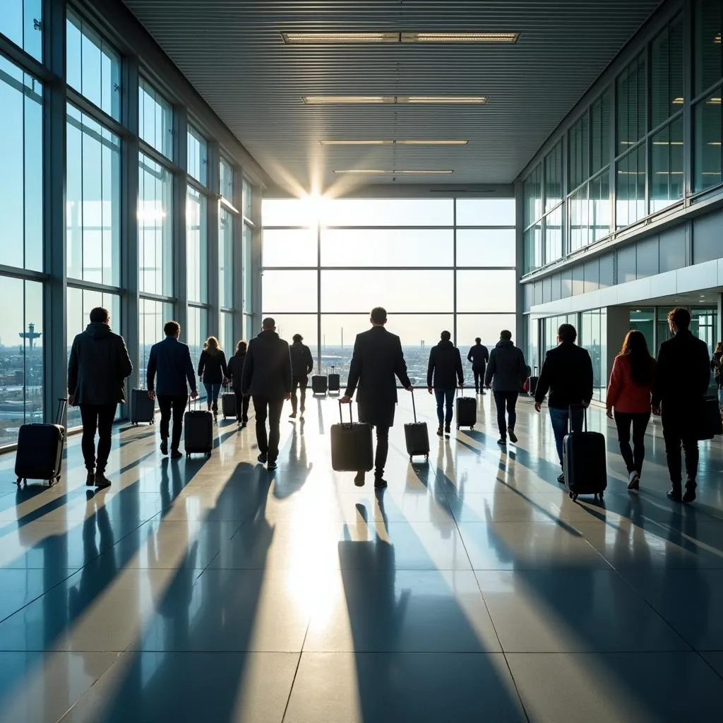 Passengers walking in a Montreal airport terminal