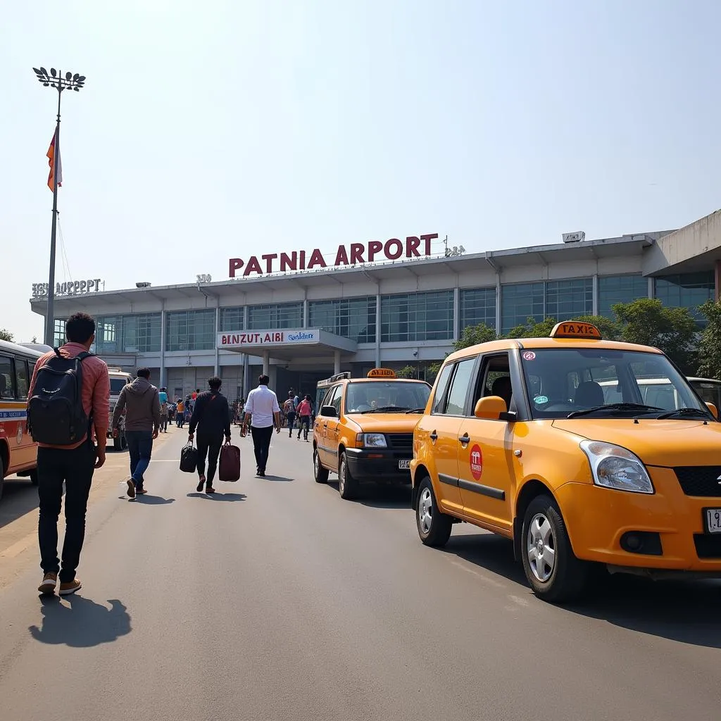 Patna Airport exterior with taxis and buses in the foreground