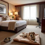 Luxury pet-friendly hotel room with a dog bed and bowls