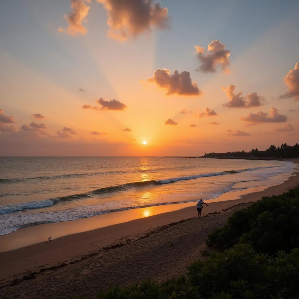 Serene sunset view over a beach in Pondicherry