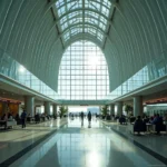 Hamad International Airport terminal interior with sunlight streaming through the glass roof