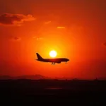 Airplane Taking Off at Sunset