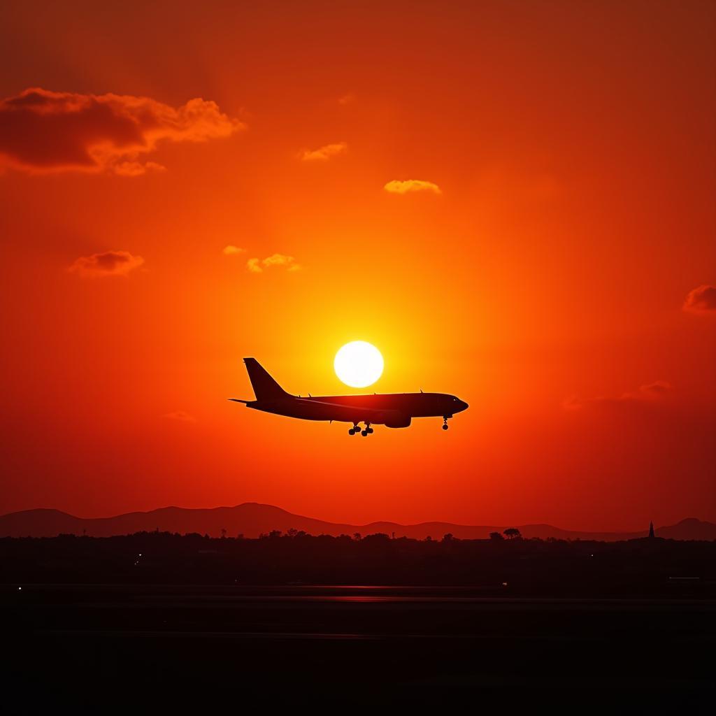 Airplane Taking Off at Sunset