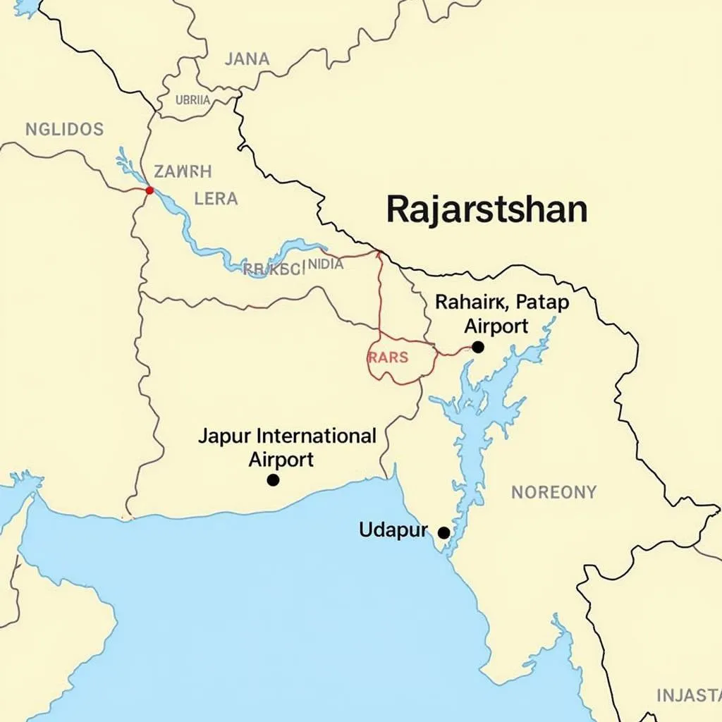 Map showing Jaipur and Udaipur airport locations