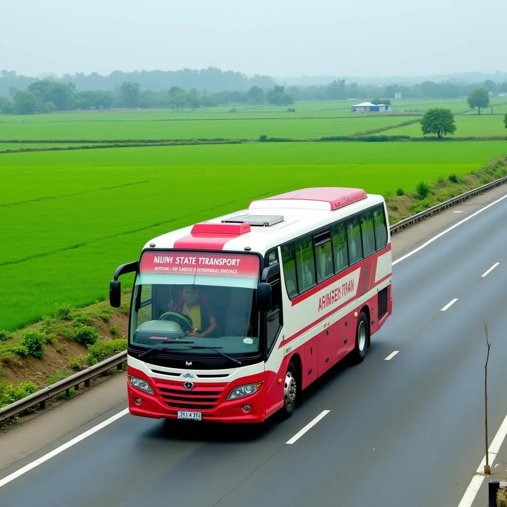 State transport bus traveling on the highway from Rajkot to Ahmedabad