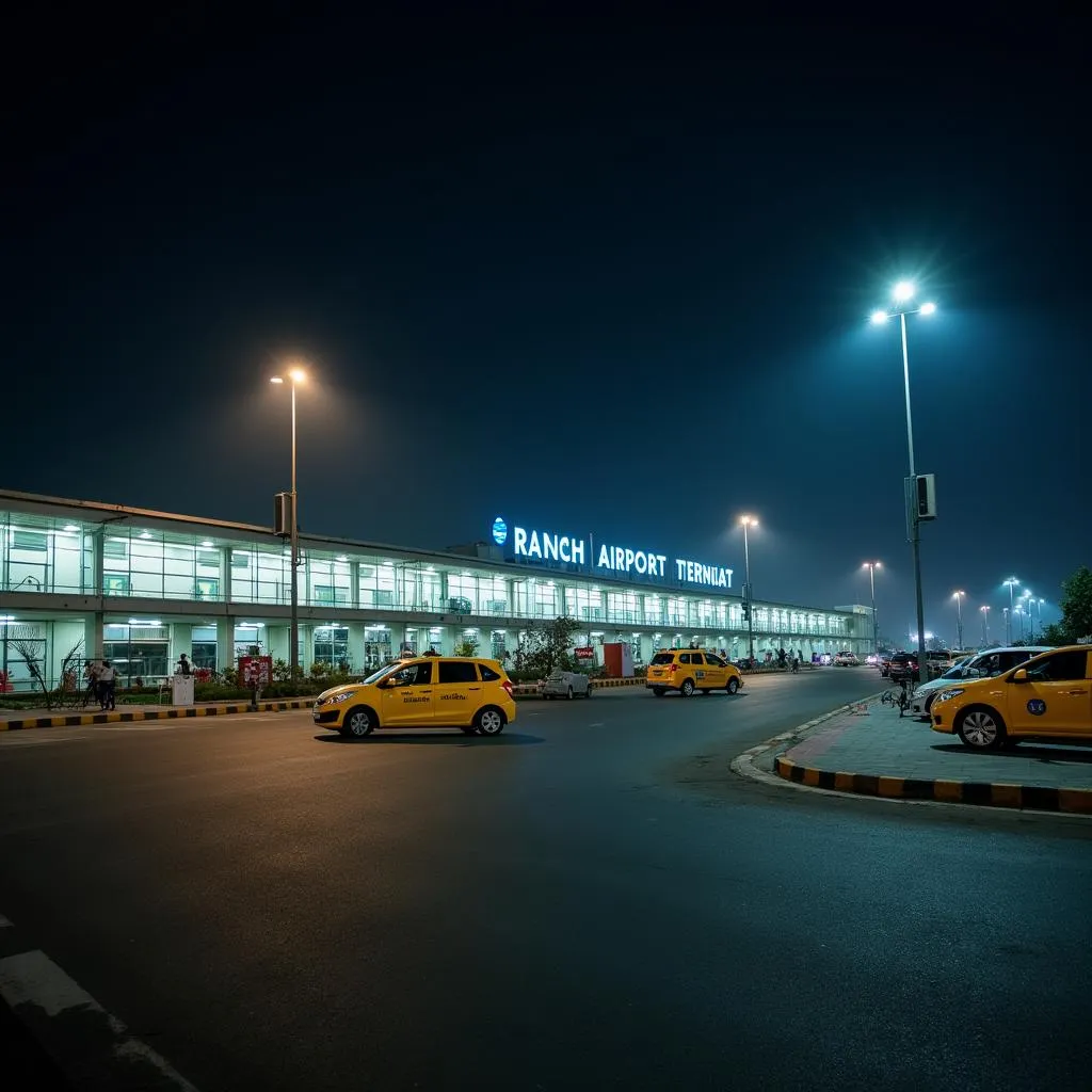 Ranchi Airport at night with illuminated signage and a calm atmosphere