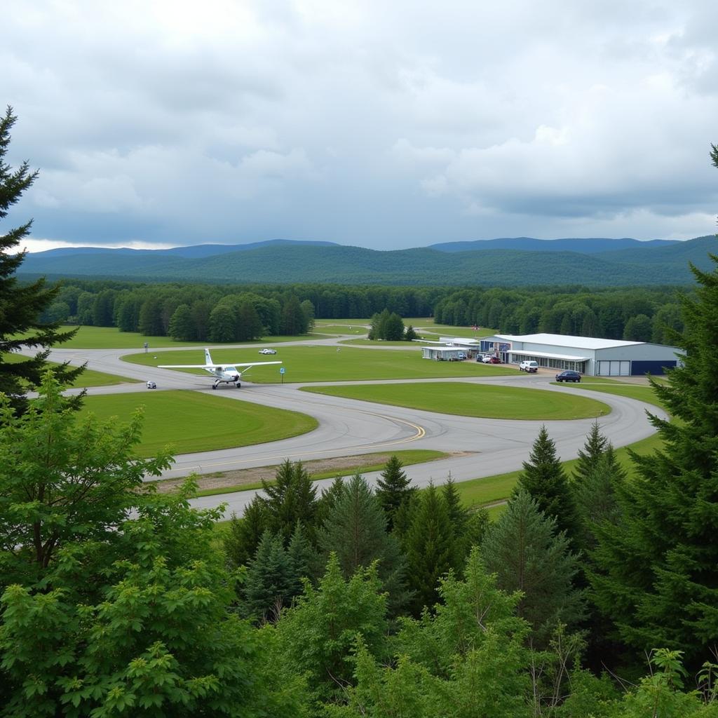 A regional aircraft parked on the tarmac of a small airport in Maine