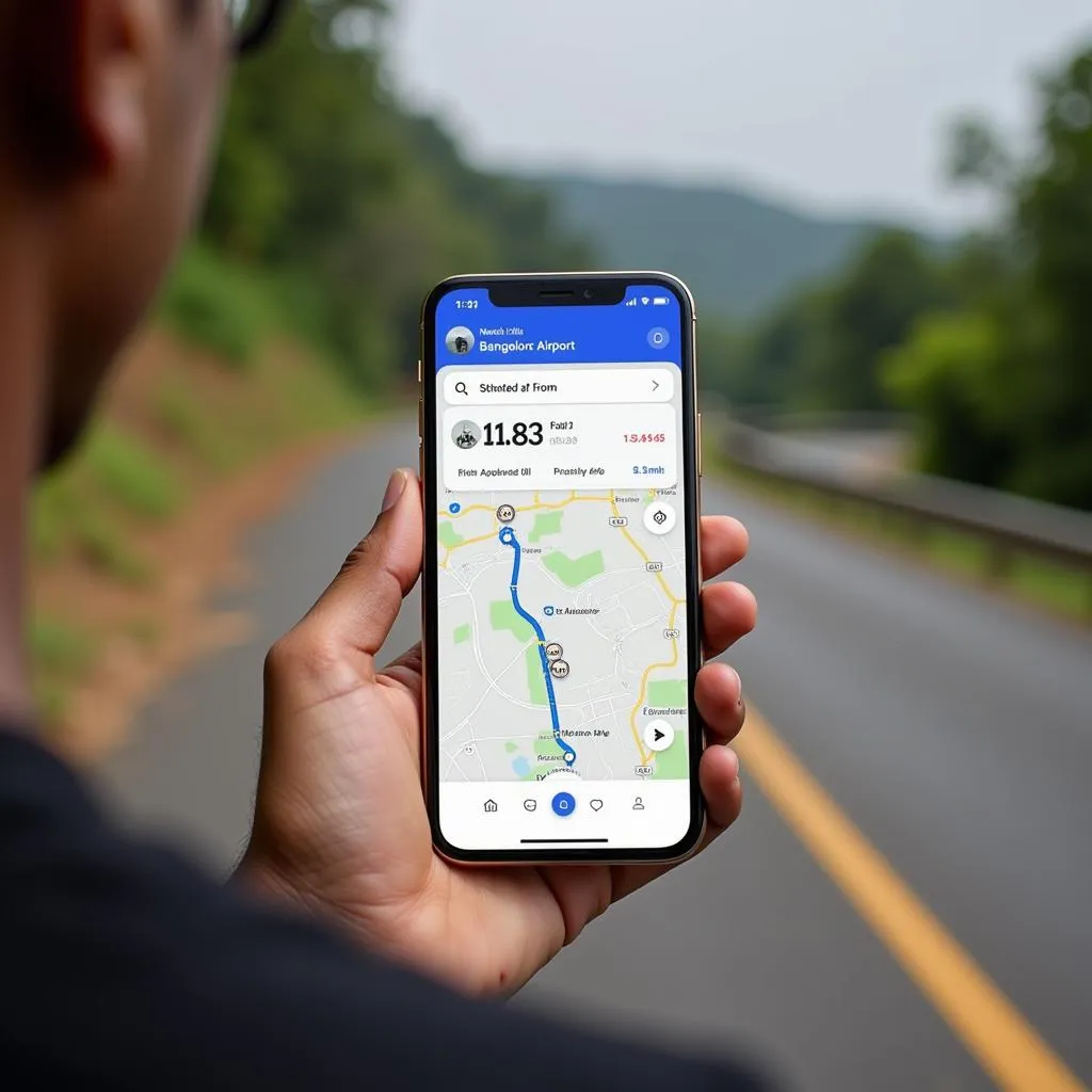 Smartphone displaying ride-hailing app for Nandi Hills to Bangalore Airport