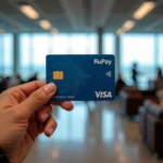 RuPay card and airport lounge in the background